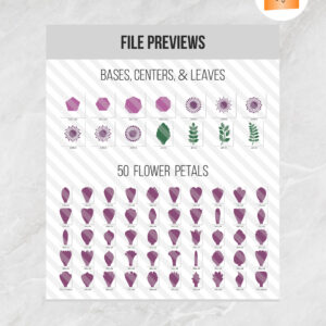 SET of 50 Petals, 4 Bases, 6 Centers and 4 Leaves, Paper Flower Template SVG