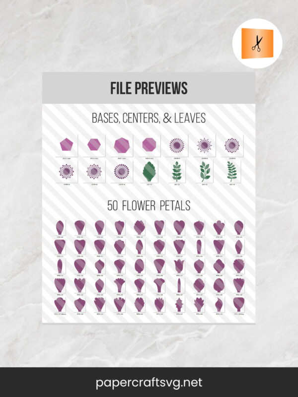 SET of 50 Petals, 4 Bases, 6 Centers and 4 Leaves, Paper Flower Template SVG