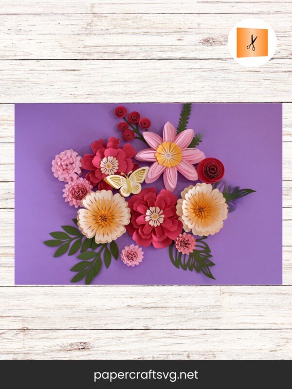 Unique Whimsical 3D Paper Flower SVG Bundle: Rolled Flower SVG, Layered Flowers, Leaves & Butterflies Templates