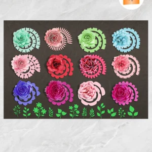12 Rolled Flower SVG Bundle with 12 Leaves, 3D Paper Flower Templates for Cricut