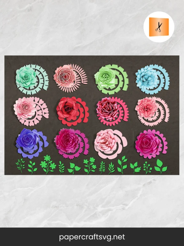 12 Rolled Flower SVG Bundle with 12 Leaves, 3D Paper Flower Templates for Cricut