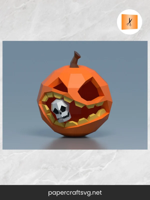 3D Halloween Pumpkin with Skull Papercraft, DIY Low Poly Template