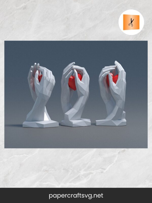 3D Papercraft Heart in Hands, Women's Day PDF Template, DIY Low Poly Hand & Heart Paper Sculpture