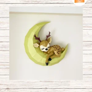 Deer Sleeping on the Moon 3D Papercraft, DIY Wall Hanging Decor PDF SVG Template