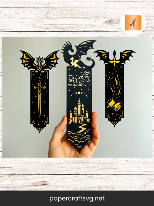 Dragon Bookmark SVG Template, Layered Fantasy Paper Bookmark Cut File for Cricut