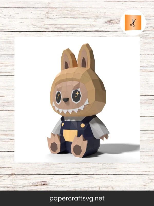 Labubu Sitting Papercraft Template, 3D Low Poly Cartoon Character PDF, DIY Paper Sculpture for Teens & Home Decor