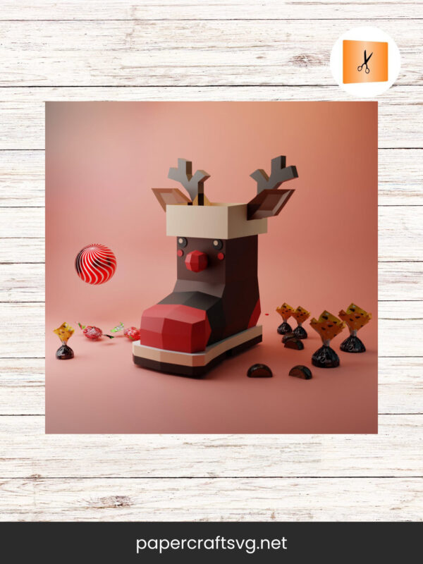 Reindeer Christmas Boot Papercraft, DIY 3D Low Poly Santa Boot & Candy Box